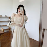 Anokhinaliza Spring Ruched Dress Women Chic Puff Sleeve  Solid Off Shoulder Fairy Dress Elegant Princess Summer A-Line Dress Femme Robe