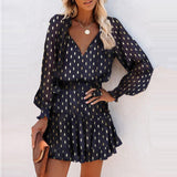 Anokhinaliza Casual Dot Printed Women Long Sleeve Ruffle Dress Elegant V Neck Ladies Spring Mini Dress Female