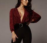 Anokhinaliza  Deep V-Neck Pleated Sexy Bodysuit For Women Black Long Sleeve Bodysuit Rompers Femme Fall Clothing Fashion Tops