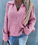 Anokhinaliza Turndown Collar Solid Color Pocket Design Sweater Female Casual Loose Pullover