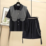 Anokhinaliza Summer Harajuku Loose Chain Cargo Shorts T Shirt +Cargo Shorts Two Piece Set Shorts Three-Piece Suit Set