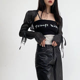 Anokhinaliza alt black girl going out classic style women edgy style church outfit brunch outfit cute spring outfits Gothic Cloak Womne Long Sleeve Crop Top Bow Design Black Cape + Patchwork Tank Top Two Piece Set Korean Style Sexy Tops