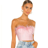 Anokhinaliza alt black girl going out classic style women edgy style church outfit brunch outfit cute spring outfits New Summer High Quality Fashion Feather Strapless Black And White Bandage Top Night Club Short Top