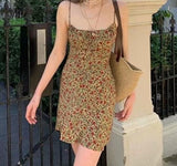 Anokhinaliza Summer Brown Floral Print Backless Sling Dress Summer Woman Adjust Spaghetti Strap Short Dresses Beach Holiday Vestidos