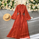 Anokhinaliza Spring And Summer French Orange Pleated Vintage Maxi Dress o-Neck Femme Robe Puff Sleeve Elegant Solid Color Holiday Beach Dress