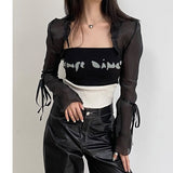 Anokhinaliza alt black girl going out classic style women edgy style church outfit brunch outfit cute spring outfits Gothic Cloak Womne Long Sleeve Crop Top Bow Design Black Cape + Patchwork Tank Top Two Piece Set Korean Style Sexy Tops