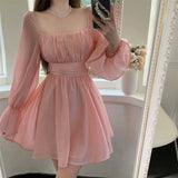 Anokhinaliza Pink Sweet Elegant Princess Dress Women Casual Korean Slim Long Sleeve Fairy Dress Female Backless Design Vintage Dress New