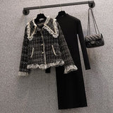 Anokhinaliza Plus Size Women Elegant 2 Pieces Set Office Ladies Autumn Winter Warm Long Sleeve ruffles Patchwork tweed Coat + Knit Dress Sets