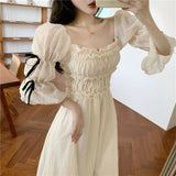 Anokhinaliza Spring Ruched Dress Women Chic Puff Sleeve  Solid Off Shoulder Fairy Dress Elegant Princess Summer A-Line Dress Femme Robe