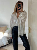Anokhinaliza Women Sexy Sequin Shirts Sparkle Glitter Solid Color Long Sleeves Button Down Cardigan Party Clubwear Vintage 90s Streetwear