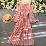 Anokhinaliza Spring And Summer French Orange Pleated Vintage Maxi Dress o-Neck Femme Robe Puff Sleeve Elegant Solid Color Holiday Beach Dress