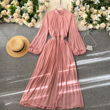 Anokhinaliza Spring And Summer French Orange Pleated Vintage Maxi Dress o-Neck Femme Robe Puff Sleeve Elegant Solid Color Holiday Beach Dress