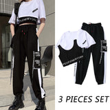 Anokhinaliza  3 Pieces Set Summer Women Cargo Pants Suit Set Streetwear Outfit Harajuku Short Sleeve Trousers & Crop Tops Tee Shirt #TZ05