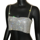 Anokhinaliza Sequin Shiny Crystal Chain Tank Top Glitter Metal Mesh Halter Metallic Strap Crop Tops Festival  Party Sexy Women Outfits