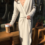 Anokhinaliza New Korean Belted Cashmere Sweater Long Dress Women Fashion Office Lady V Neck Knitted Dress Winter Warm Thick Vestidos