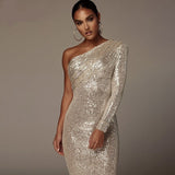 Anokhinaliza  VC Free Shipping Sexy One Shoulder Dress Sparkle Glitzy Sequins Dress Mesh Patchwork Celebrity Christmas Party Vestidos