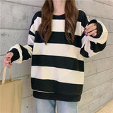 Harajuku Streetwear Women Oversized Striped Sweatshirts Casual Velvet Long Sleeved T Shirts Fashion Thick Loose Preppy Clothes