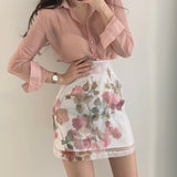 Anokhinaliza Korea Chic Elegant Women 2 Piece Sets Sexy See-through Long-sleeved Shirt+High Waist A-line Floral Print Skirt Sets 2pc OL Suits