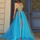 Anokhinaliza prom dresses tutu quince dresses  dama dresses  Blue Evening Dresses Gold Appliques Off the Shoulder High Slit Tulle Islamic Dubai Kaftan Saudi Arabic Long Evening Prom Gowns