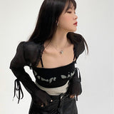 Anokhinaliza alt black girl going out classic style women edgy style church outfit brunch outfit cute spring outfits Gothic Cloak Womne Long Sleeve Crop Top Bow Design Black Cape + Patchwork Tank Top Two Piece Set Korean Style Sexy Tops