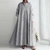 Anokhinaliza Spring Autumn Casual Loose Maxi Muslim Dress Women Vintage Turn-down Collar Striped Shirt Boho Wedding Office Vestidos 5XL