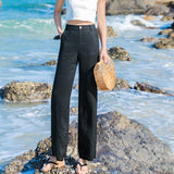 Anokhinaliza Casual Cotton Linen wide leg Beach pants bohemian loose pants female  vintage high waist Solid color straight trousers women