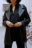 Anokhinaliza  Women PU Jacket Lapel PU Coat Female Black Long Sleeve Turndown Collar PU Jacket