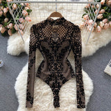 Anokhinaliza  Autumn New Floral Print Bodysuit for Women Fashion Streetwear Elegant Stand Collar Long Sleeve Tight Fit Mesh Body Top Chic