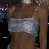 Anokhinaliza Sequin Shiny Crystal Chain Tank Top Glitter Metal Mesh Halter Metallic Strap Crop Tops Festival  Party Sexy Women Outfits