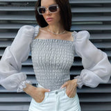 Anokhinaliza Organza Lantern Sleeve Tunic Blouse Women Elegant Square Collar Solid Top Transparent High Street Spring