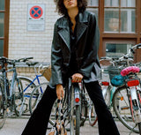 Anokhinaliza  Women PU Jacket Lapel PU Coat Female Black Long Sleeve Turndown Collar PU Jacket