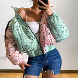 Anokhinaliza Paisley Puffer Coat Women Hooded Bubble Jacket Winter Thick Y2k Printed Outwear Casual Cropped Coat Parkas