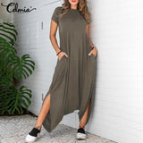 Celmia Women Vintage Jumpsuits Fashion Drop-Crotch Short Sleeve Asymmetrical Jumpsuits Summer Long Palazzo Casual Playsuits