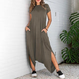 Celmia Women Vintage Jumpsuits Fashion Drop-Crotch Short Sleeve Asymmetrical Jumpsuits Summer Long Palazzo Casual Playsuits