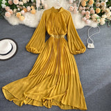 Anokhinaliza Spring And Summer French Orange Pleated Vintage Maxi Dress o-Neck Femme Robe Puff Sleeve Elegant Solid Color Holiday Beach Dress