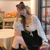 Anokhinaliza French Vintage Dress Women Spring Casual Kawaii Lace Slim One Piece Dress Korean Elegant Retro Fairy Dress Female Cute Chic