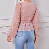 Anokhinaliza Valentine's Day  Spring V Neck Wrap Blouses Women Long Sleeve Casual Office Tops Female Solid Ruffles Pink Blouses Elegant Lace Up Work Tops