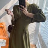 Anokhinaliza Vintage Long Sleeve Elegant Autumn Bodycon Dress Women Women's Spring Slimming Pleated Stand Collar Midi Dress Dresses Female