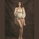 Anokhinaliza Sexy Maternity Bodysuits & Robe Set Knitted Spaghetti Stretchy Maternity Photography Bodysuits Pregnancy Photo Shoot Jumpsuits