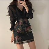 Anokhinaliza Korea Chic Elegant Women 2 Piece Sets Sexy See-through Long-sleeved Shirt+High Waist A-line Floral Print Skirt Sets 2pc OL Suits