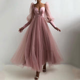 Anokhinaliza prom dresses tutu quince dresses  dama dressesSimple Pink Tulle Prom Dress A-Line V-Neck Plunging Long Sleeves Backless Evening Dresses Ankle-Length Prom Gowns