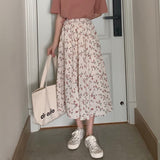 Anokhinaliza Vintage Floral Print A-line Pleated Long Skirts Summer Women Korean Skirt Streetwear Drawstring Elastic Waist Midi Skirt