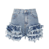 Anokhinaliza Casual Blue Shorts For Women High Waist Patchwork Ruffles Pockets Asmmetrical Slim Short Pant Female Summer New