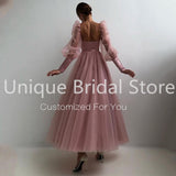 Anokhinaliza prom dresses tutu quince dresses  dama dressesSimple Pink Tulle Prom Dress A-Line V-Neck Plunging Long Sleeves Backless Evening Dresses Ankle-Length Prom Gowns