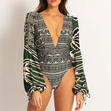 Anokhinaliza V- Neck Bandage Print Long Sleeve Swimwear Women Monokini Sexy Bathing Suit String Backless Beachwear Pus Size