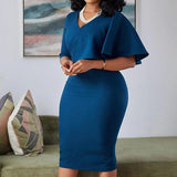 Anokhinaliza Plus Size Dress for New Year  Women Elegant Fashion Short Sleeve V Neck Mid-Calf  Office Lady Sheath Empire Dresses