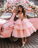 Anokhinaliza prom dresses tutu Pink Sweetheart Short Prom Dress Ball Gowns Off Shoulder Beaded Crystal Evening Dresses Tiered Knee Length Party Gown