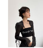 Anokhinaliza alt black girl going out classic style women edgy style church outfit brunch outfit cute spring outfits Gothic Cloak Womne Long Sleeve Crop Top Bow Design Black Cape + Patchwork Tank Top Two Piece Set Korean Style Sexy Tops