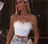 Anokhinaliza alt black girl going out classic style women edgy style church outfit brunch outfit cute spring outfits New Summer High Quality Fashion Feather Strapless Black And White Bandage Top Night Club Short Top