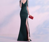 Anokhinaliza classic style women edgy style church outfit brunch outfit cute spring outfitsCrystal Beading V Neck Sleeveless Elegant Evening Dresses Women High Slit Formal Gowns Female Solid Green Red Sexy Club Vestidos